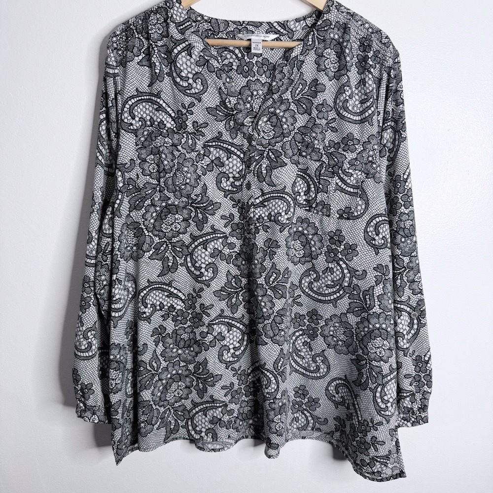 Croft & Barrow Black White Lace Print Floral‎ Blouse 2X Victorian Dressy Casual